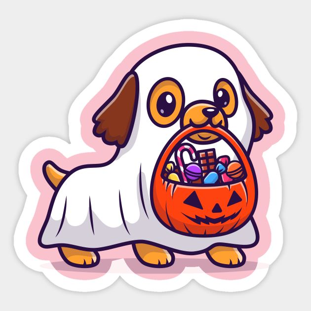 Cute Ghost Dog With Pumpkin Halloween Cartoon Sticker by Catalyst Labs